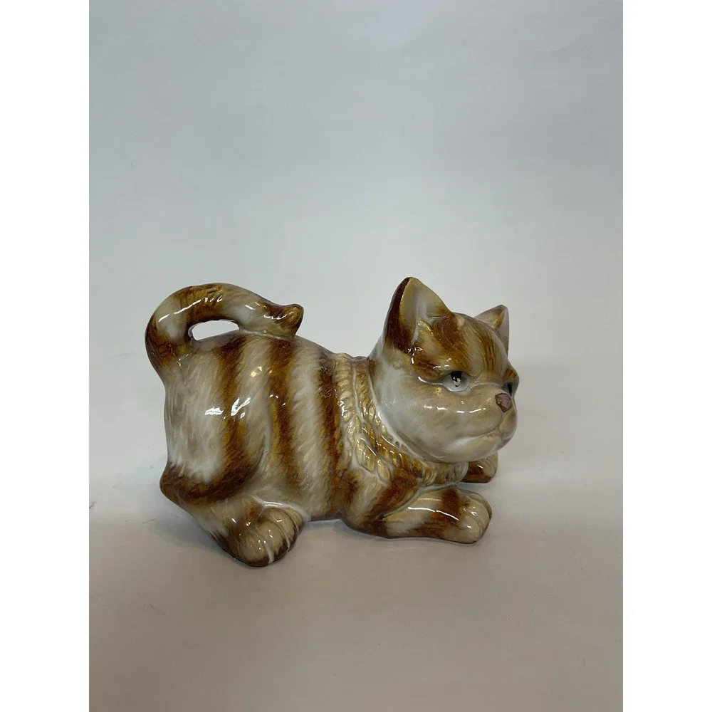 Vintage Cat Ceramic Glazed Striped Cat Tan Brown‎ Crouch Laying Down Kitten